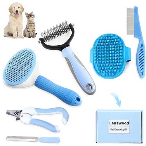 Dog Brush Dog Grooming Kit 6PCS Dog Brush for Shedding-Dog Brushes for Grooming, Dematting Comb for Dogs, Cat Nail Clipper with Nail File, Flea Comb, Bath Brush(Blue)