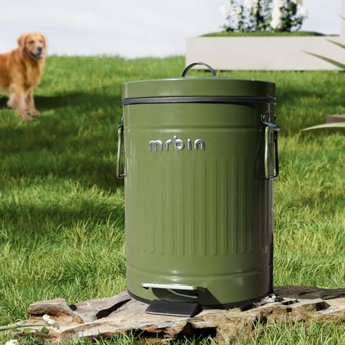 MRBIN Dog Poop Trash Can with Lid, 13L/3.4 Gal Round Pet Outdoor Waste Basket with Pedal, Step Touchless Garbage Pail for Outside Patio, Yard, Garage, Green Roman Stripe Design - color: Green, size: 3.4 gallons