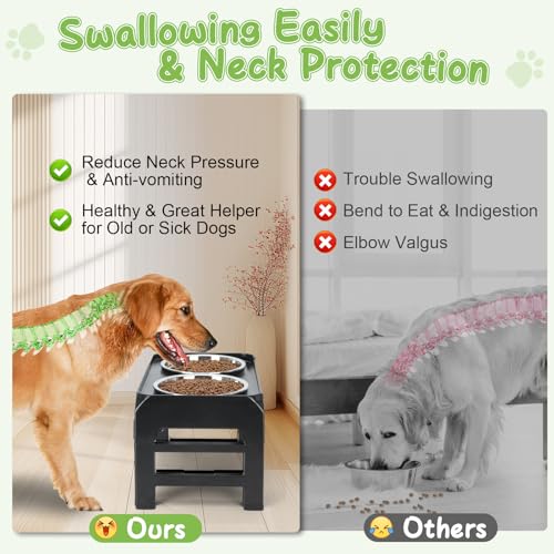 Elevated Bowls with Adjustable Heights - Raised Stand with 2 Stainless Steel Food Bowls, Non-Slip Foldable Feeder for Medium Large Dogs, Adjusts to 12.36", 10.75", 9.2", 3.7", Black - color: Black, size: Medium dogs