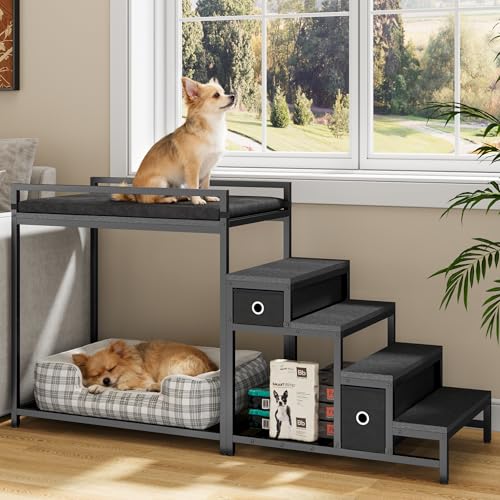 kepptory Pet Bunk Bed with Stairs and Storage, Dog Beds Attachment to Human Bed, Bedside Dogs Cot for Small, Medium Cats & Dogs, Pet Window Perch (Black) - color: Black