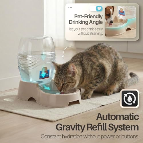 Flexzion Automatic Gravity Pet Waterer for Cat & Dog - Non-Skid & Easy-Clean Auto Replenish Water Dispenser Drinking Bowl (3/8 Gallon / 1.5L), Beige - color: Beige, size: 1.5 L