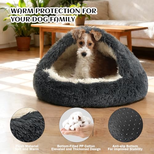 NOYAL Round Hooded Donut Dog Bed for Small & Medium Pets - Plush Fluffy Anti-Anxiety Cat Cave Bed with Cover - color: Dark grey, size: Medium 23.6''