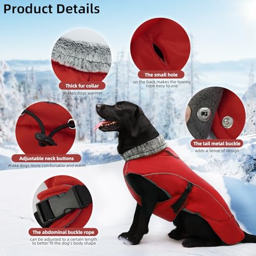 DENTRUN Warm Dog Winter Coat, Easy On Reflective Turtleneck Fleece Jacket | Adjustable buckle, easy on off, windproof & water-repellent, thick fleece snowsuit, outfit fits small to large breeds - color: Red, size: Large