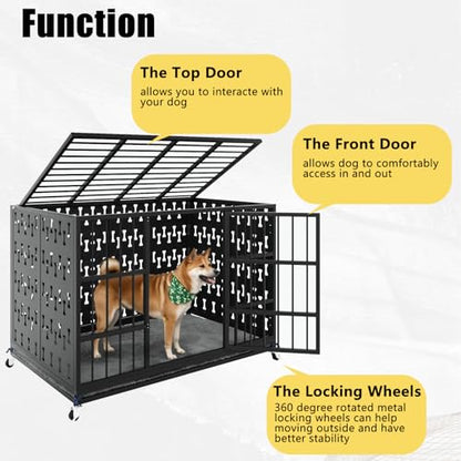 LEMBERI 48" Heavy Duty Indestructible Privacy Enclosed Dog Crate with Mat, 500lbs Capacity Escape Proof Dog Kennel, 36" Tall High Anxiety XL Metal Dog Cage with Lockable Wheels, Removable Tray, Black - color: Black, size: 47.2"L x 29.9"W x 35.4"H