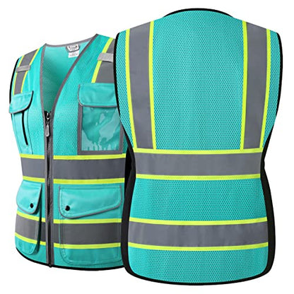 High Visibility Reflection Peacock Mesh Safety Vests with 9 Pockets and Front Zipper, hi vis safety vest for Women, Meets ANSI/ISEA Standards(Peacock-16,M) - color: Peacock, size: Medium