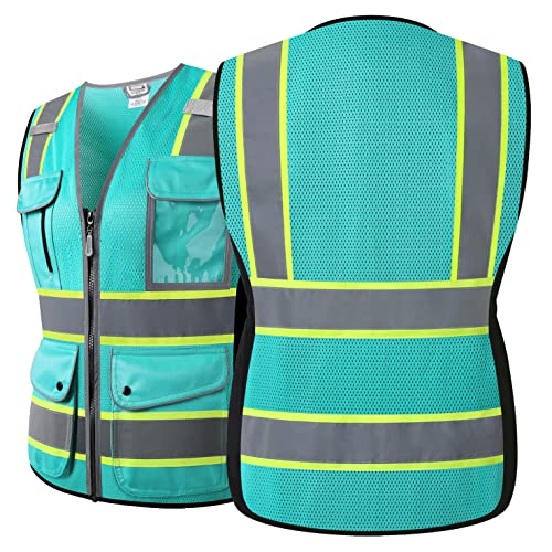 High Visibility Reflection Peacock Mesh Safety Vests with 8 Pockets and Front Zipper, hi vis safety vest for Women, Meets ANSI/ISEA Standards(Peacock-16,L) - color: Peacock, size: Large