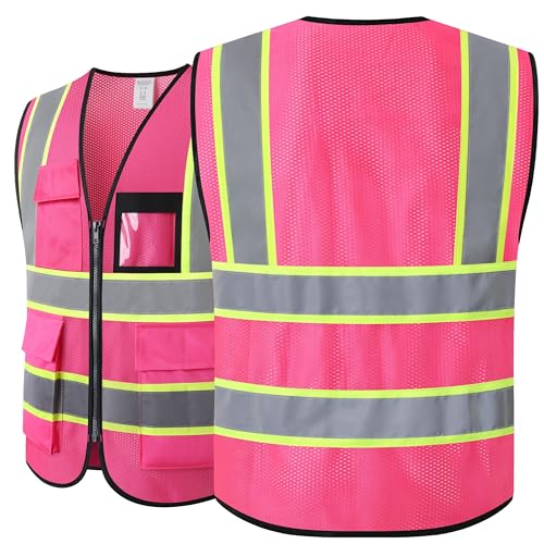 Reflective Safety Vest for Men Women Hi Vis Vest with 8 Pockets High Visibility Mesh Reflective Vest Meets ANSI/ISEA Standards (Pink-07,Large) - color: Pink, size: Large