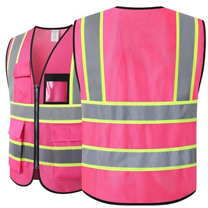 Reflective Safety Vest for Men Women Hi Vis Vest with 8 Pockets High Visibility Mesh Reflective Vest Meets ANSI/ISEA Standards (Pink-07,Large) - color: Pink, size: Large