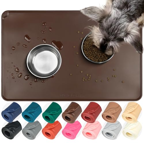 VIVAGLORY Pet Food Mat Flexmat Dog Bowl Mat, S, Chocolate | Non Slip Silicone for Pet Kitten & Doggy, Placemat with Lip for Floor - color: Chocolate, size: S (18.9 x 11.8in)