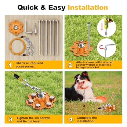 Dog Tie Out Stake and Cable, 360° Swivel Stake No Tangle, Heavy Duty Tether for Yard with 20 ft Cable, 6 Screw, Dog Runner Holds up to 180 lbs of Pull Force for Outside Camping Yard, Orange - style: Dog Stake+20ft Cable/180lbs
