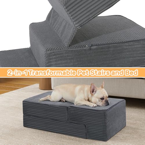 Dog Stairs for Small Dogs, 18" H Foldable Dog Steps for High Bed | 2 in 1 Pet Stairs Get on Couch, Transformable Cats Stairs, Non-Slip Balanced, Grey - size: 15.7 X 24 X 18 In