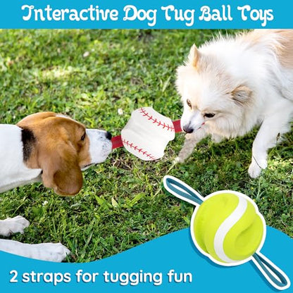 LECHONG Dog Balls with Straps for Tugging 2 Pcs, Interactive Dog Toys, Puppy Toys to Keep Them Busy, High Bouncy Balls for Dogs, Tennis Ball Base Ball Toys - color: white & green