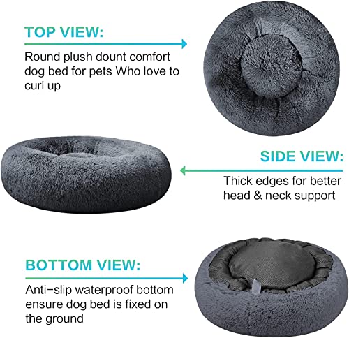 SAVFOX 20 inches Calming Donut Dog Bed - 3X Durable Plush Faux Fur, Machine Washable & Non-Slip, Fits up to 15 lbs, Dark Grey - color: Dark Grey, size: X-Small | 20"x20"