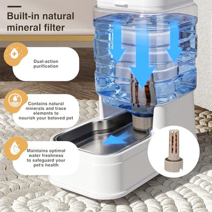 2 Pack Automatic Cat Feeder and Water Dispenser 1.3Gallon Dog Gravity Food Feeder and Water with Ice Pack Stainless Steel Dry Food and Waterer Bowl for Small Medium Large Pets (White) - color: White