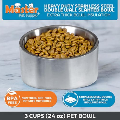 Master Pet Supply Stainless Steel Slanted Dog Cat Food Bowl - 24 oz Heavy Duty - Stainless Steel, Double Wall Insulated, Non-Slip Elevated Bowl for French Bulldogs Pugs Cats, Anti Rust Dishwasher Safe - color: Stainless Steel, size: 3 Cups (24 oz)