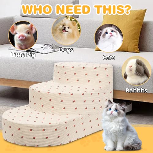 Dog Stairs 3 Steps Foam Pet Ramp for Small Dogs Cats, Strawberry | Non-slip foam stairs with washable cover, ideal for beds & sofas. Sturdy, safe & easy to clean. - color: Strawberry-3-Step
