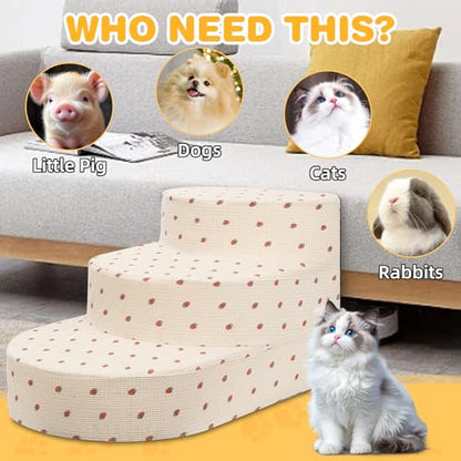 Dog Stairs 3 Steps Foam Pet Ramp for Small Dogs Cats, Strawberry | Non-slip foam stairs with washable cover, ideal for beds & sofas. Sturdy, safe & easy to clean. - color: Strawberry-3-Step