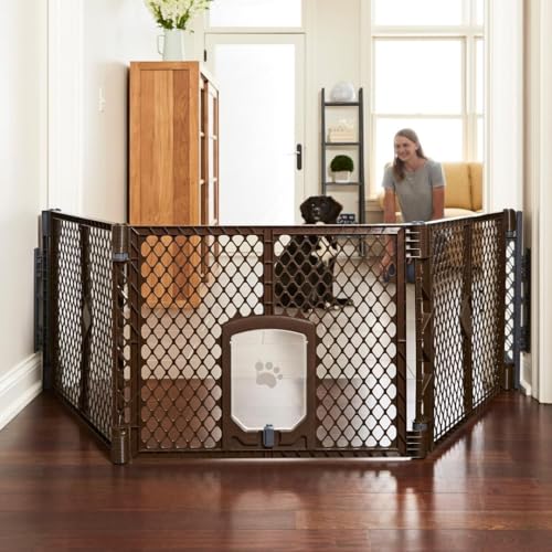 MyPet Extra Wide Dog Gate with Small Pet Door. 38.5” to 103.5" Wide. Cat Gate for Doorway. Made in USA. 26" Tall, Brown - color: Brown, size: 3-Panel Barrier, style: Small Pet Door