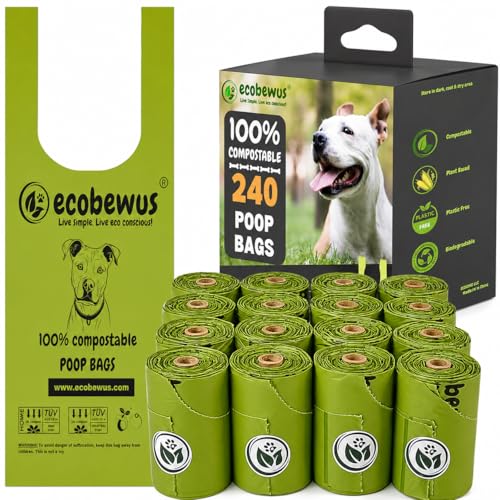 100% Compostable Handle-Tie Doggy Poop Bags (240 Bags) 16 Refill Rolls Plant-Based Cornstarch ASTM D6400 & EN 13432 Compliant HOME Certiified Compostabel Pet Dog Waste Bags (240 ct.)