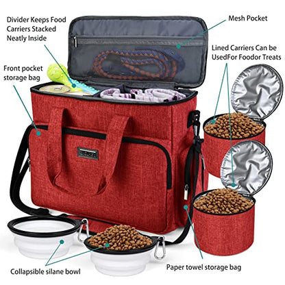 BAGLHER Dog Travel Bag, Pet Travel Bag (ALL Pet Travel Supplies), With 2 Pet Food Containers and 2 Collapsible Silicone Bowls; Essential Kits for Pet Travel Red - color: Red, size: Large