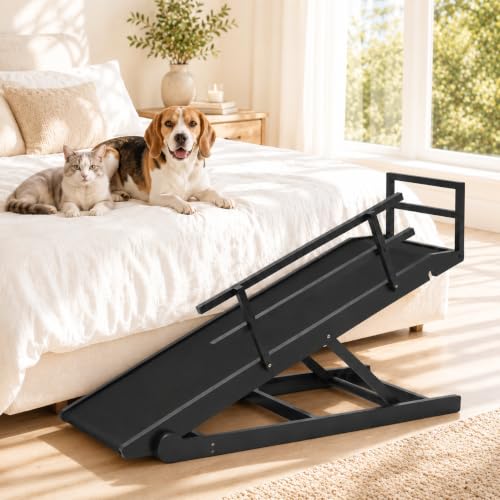 SLSY Adjustable Wooden Dog Ramp for Bed, 45.2" Long Foldable Pet Ramp with Non-Slip Rubber Mat, 5 Height Levels 15.7"–23.6", Portable Pet Access Ramp for Small, Senior Dogs & Cats - color: Black, size: M for 23.6''H Bed