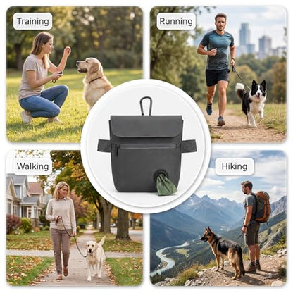 Dog Treat Pouch and Dog Training Clicker, Treat Bag with Poop Bag Dispenser, Powerful Magenetic Clasp, Metal Clip Waist Belt Fanny Pack for Pet Walk Dog Training (Dark Grey) - color: Dark Grey