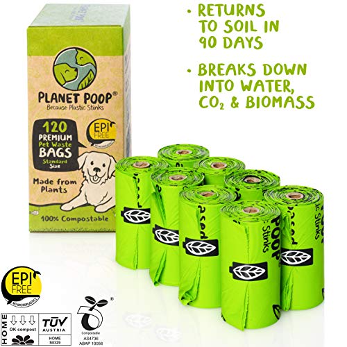 PLANET POOP Home Compostable Dog Poop Bags on Refill Rolls, 120 Un-Scented Pet Waste Bags, Thick Leakproof Plant-Based Doggy Bag, Cat & Dogs Supplies - size: 120 Count (Pack of 1)