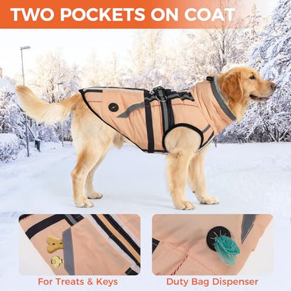 Mihachi Dog Snow Jacket Waterproof Dog Coat with Harness Built in,Thick Fleece Lined & Pockets,Turtleneck Warm Winter Jacket for Middle Dogs Reflective Fleece Vest with Zipper,Snowsuit Outfit,Beige M - color: Beige, size: Medium