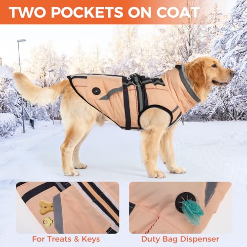Mihachi Dog Snow Jacket Waterproof Dog Coat with Harness Built in,Thick Fleece Lined & Pockets,Turtleneck Warm Winter Jacket for Large Dogs Reflective Fleece Vest with Zipper,Snowsuit Outfit,Beige L - color: Beige, size: Large