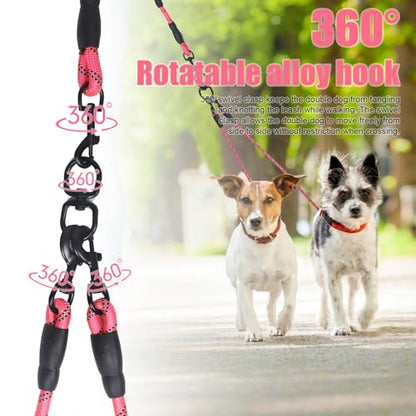 Dual Dog Leash,Three Way Small Dogs, and Medium Dogs,Exceptional 360° Anti-Tangle & No Pull Double Leash - Double Handle & Reflective Double Dog Leash for Safety & Convenience (Pink, 3 Way) - color: Pink, size: 3 Way
