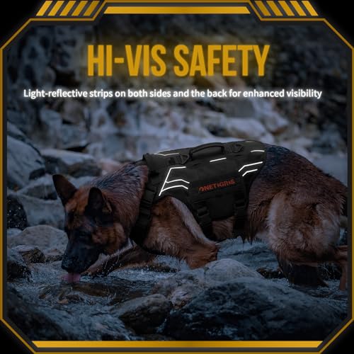OneTigris Tactical Dog Harness for Large Dogs, Adjustable Tactical Dog Harness with Handles, Reflective Vest Heavy Duty & Breathable Military Assistance Vest with No Pull Buckle, Black - color: Black, size: Medium