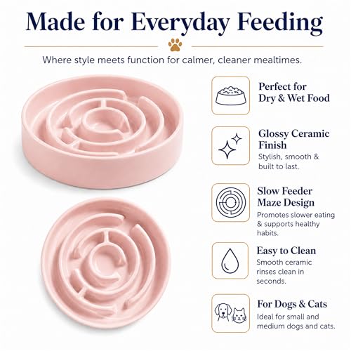 Ceramic Slow Feeder Dog Bowls with Anti-Slip, Slow Feeder & Non-Slip Design, Boredom and Anxiety Reducer, Suitable for All Breed Dogs and Cat (Ceramic-Pink) - color: Ceramic-Pink