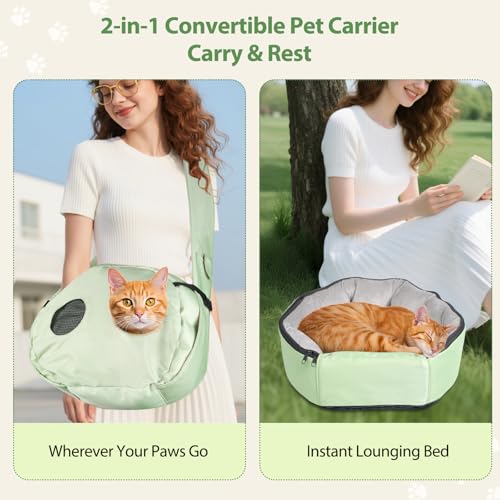 2-in-1 Pet Sling Carrier & Bed, Convertible Cat Travel Bag with Machine Washable Cover, Breathable Mesh & Hand-Washable Support Pad, Airline Approved for Cats & Small Dogs Up to 22lbs
