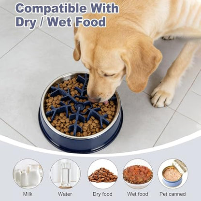 Slow Feeder Insert for Dog Bowl - Cuttable 3.0 Upgraded with Suction Cups for Large Medium Small Breed Dogs Anti-Choking Slow Feeding Food Fits Regular and Elevated Square Metal Glass Dogs Bowls Blue