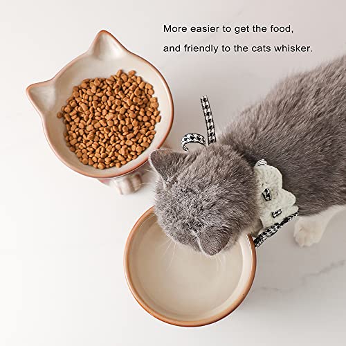 Nihow Elevated Cat Bowls,6 Inch Ceramic Raised Cat Food and Water Bowl Set | Slanted,Whisker Friendly,for Protecting Pet's Spine,Microwave & Dishwasher Safe ,Elegant Brown,6.8 OZ - color: Brown, size: 6.8 OZ+15.5 OZ