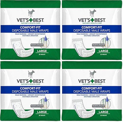 Vet’s Best Comfort Fit Disposable Male Dog Diapers - Absorbent Male Wraps with Leak Proof Fit - Large, 30 Count (Pack of 4) - size: Large (Pack of 4), style: 30 count