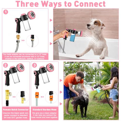 Dog Shower Attachment with 6.6FT Shower Hose, 8 Sprayer Modes Dog Washing Hose Attachment for Bathroom & Bathtub, Outdoor Use Dog Washing Kit with Pet Grooming Glove Shampoo Dispenser and Holder