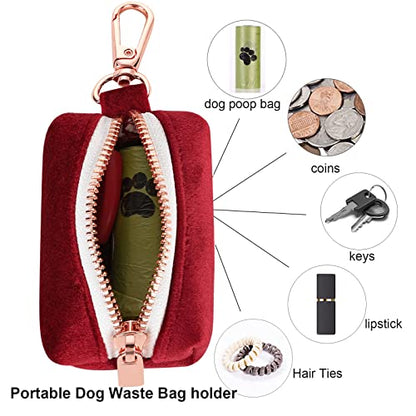 ARING PET Dog Waste Bag Dispenser, Soft Velvet Doggy Poop Bags Holders Attach to Any Leashes, Portable Washable Christmas Pet Waste Pouch Dispenser with Metal Zipper - color: A:christmas red