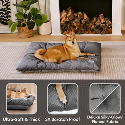 FUNNY FUZZY Washable Dog Crate Pad 30x20, Double-Sided Cooling Linen & Sherpa, Flat Crate Mat/Kennel Pad, Rectangle Dog Bed for Medium Dogs & Cats, Charcoal Grey - color: Grey, size: 30"×19" Medium