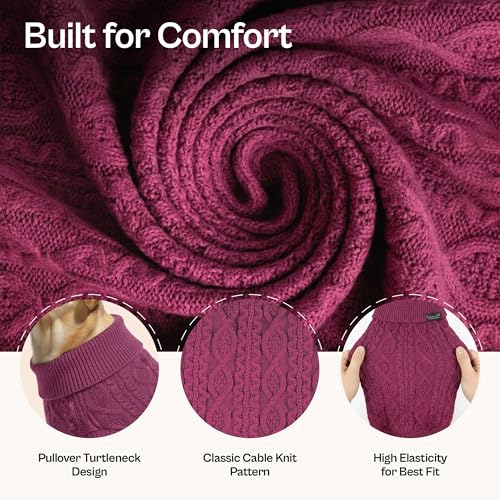 Parisian Pet Dog Sweaters - Pull Over, Turtle Neck Dog Sweater - Cable Knit Raspberry Thick Pet Sweater - Fall, Winter Pet Clothes - Flexible Arm Holes Sweater - XS