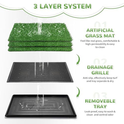 COZIWOW Fake Grass Pee Pad for Dogs, 25" x 20" Indoor Grass Potty for Dogs, Reusable Dog Pet Loo with Tray & Extra 2 PCS 23" x 18" Artificial Grass Training Pads, Portable Dog Litter Box Outdoor