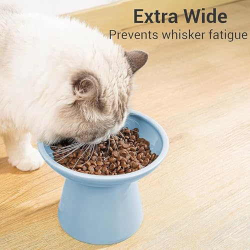 CEEFU Extra Wide Elevated Ceramic Cat Bowl, 6.2" Shallow Dish for Whisker Fatigue Relief, 5" Height for Easy Feeding, Durable Raised 2 Cat Food Bowls, Blue - color: Baby Blue-2 Food Bowl