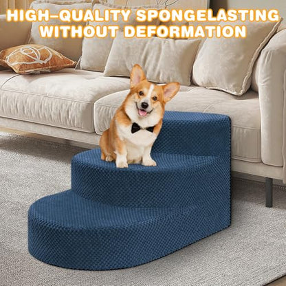 Dog Stairs 3 Steps Foam Pet Ramp for Small Dogs Cats, Navy Blue | Non-slip foam stairs with washable cover, ideal for beds & sofas. Sturdy, safe & easy to clean. - color: Navy blue-3-Step