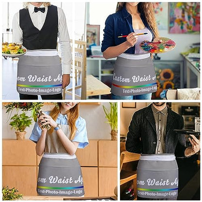 sophiehome Custom Waist Apron with Pockets Add Photo Logo Name Personalized Waiter Server Short Aprons for Kitchen - color: Gravel