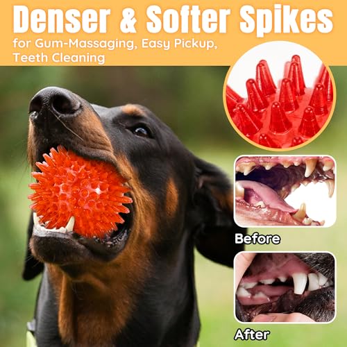 LECHONG 6-Pack 3.5” Squeaky Dog Balls, Durable Soft Spiky Chew Rubber Fetch Toy Balls for Large Medium Aggressive Chewers Teeth Cleaning Chewing Playing Training & Boredom Buster Indoors Outdoors - size: M 6PACK