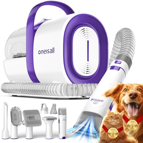 oneisall Dog Grooming Vacuum, Pet Grooming Vacuum with Clipper Nail Grinder, 1.5L Dust Cup Dog deshedding Vacuum Brush with 7 Pet Grooming Tools for Shedding Pet Hair, Home Cleaning(Purple) - color: Purple