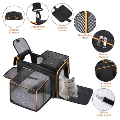 Pet Carrier, Large Soft Sided Expandable Travel Carrier with Steel Frame, Anti-Scratch Mesh, Removable Fleece Pad and Pockets for Cats, Dogs and Small Animals up to 15 lbs (Black, 4 Sides Expandable) - color: Black
