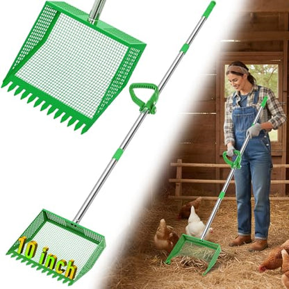 TOOGE Large Chicken Poop Scooper: 2-in-1 Metal Pooper Scooper & Rake Adjustable 62" Long Handle Stainless Steel Sand Sifting Litter Shovel Chicken Coop Scoop Cleaning Tool for Goat Yard Bright Green - color: Bright Green
