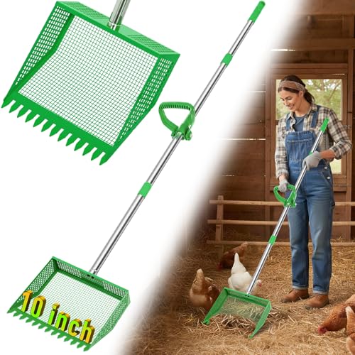 TOOGE Large Chicken Poop Scooper: 2-in-1 Metal Pooper Scooper & Rake Adjustable 62" Long Handle Stainless Steel Sand Sifting Litter Shovel Chicken Coop Scoop Cleaning Tool for Goat Yard Bright Green - color: Bright Green