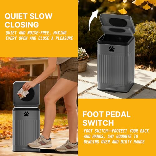 Dog Poop Trash Can Outside - 22L/6Gal Metal Outdoor Trash Can with Lid, Dog Waste Container with 20 Bags, Pet Poop Bucket with Soft Close for Backyard Odor Control, Rectangular Gray - size: 22L Rectangular Gray Trash Can